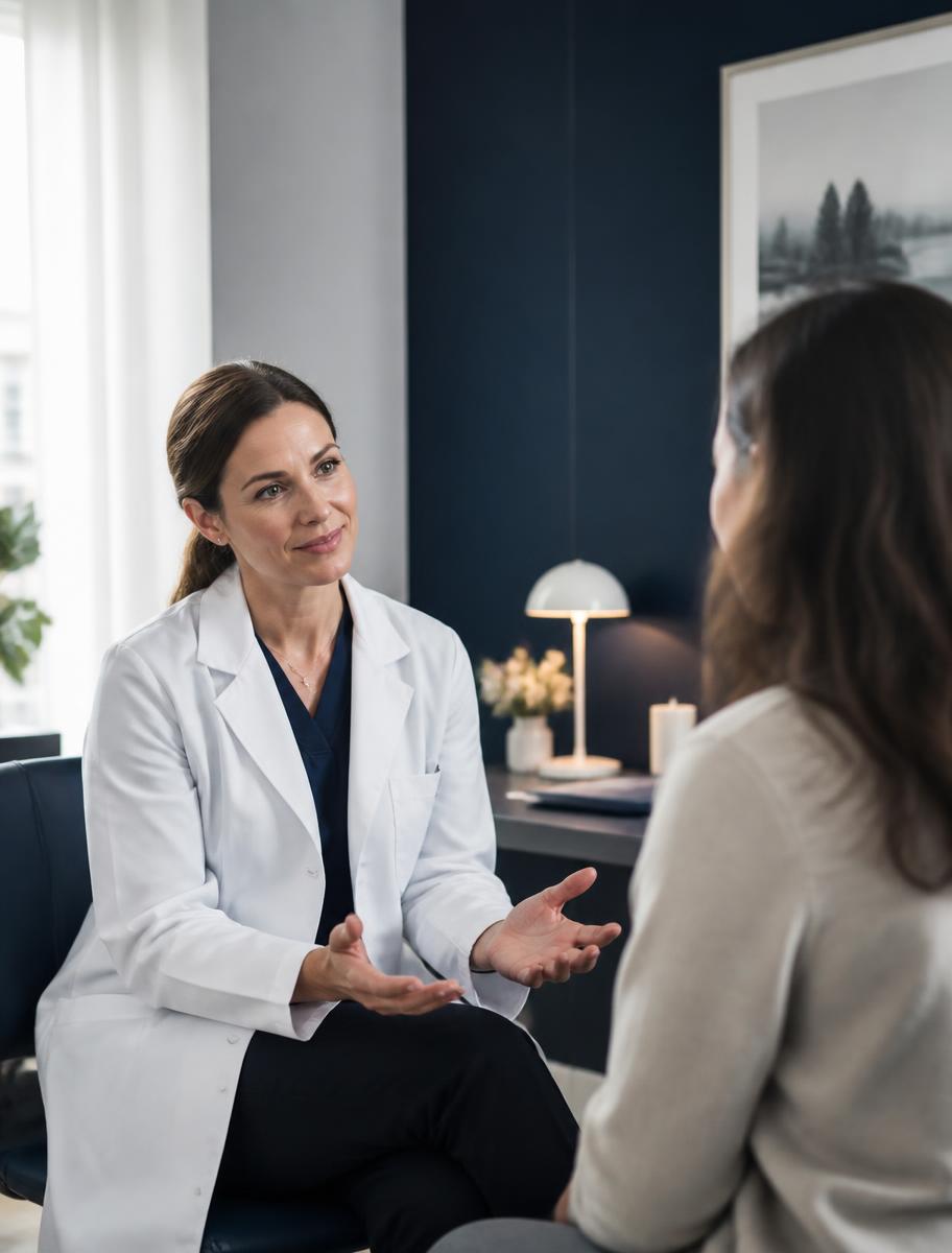 Doctor speaking with a patient in a calm medical consultation room