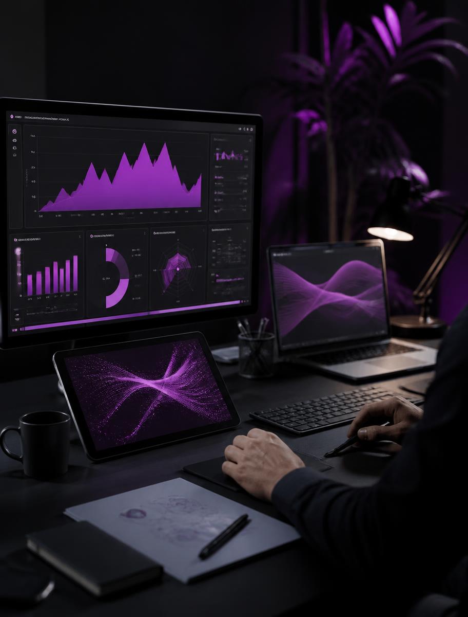Creative technology workspace with digital analytics screens