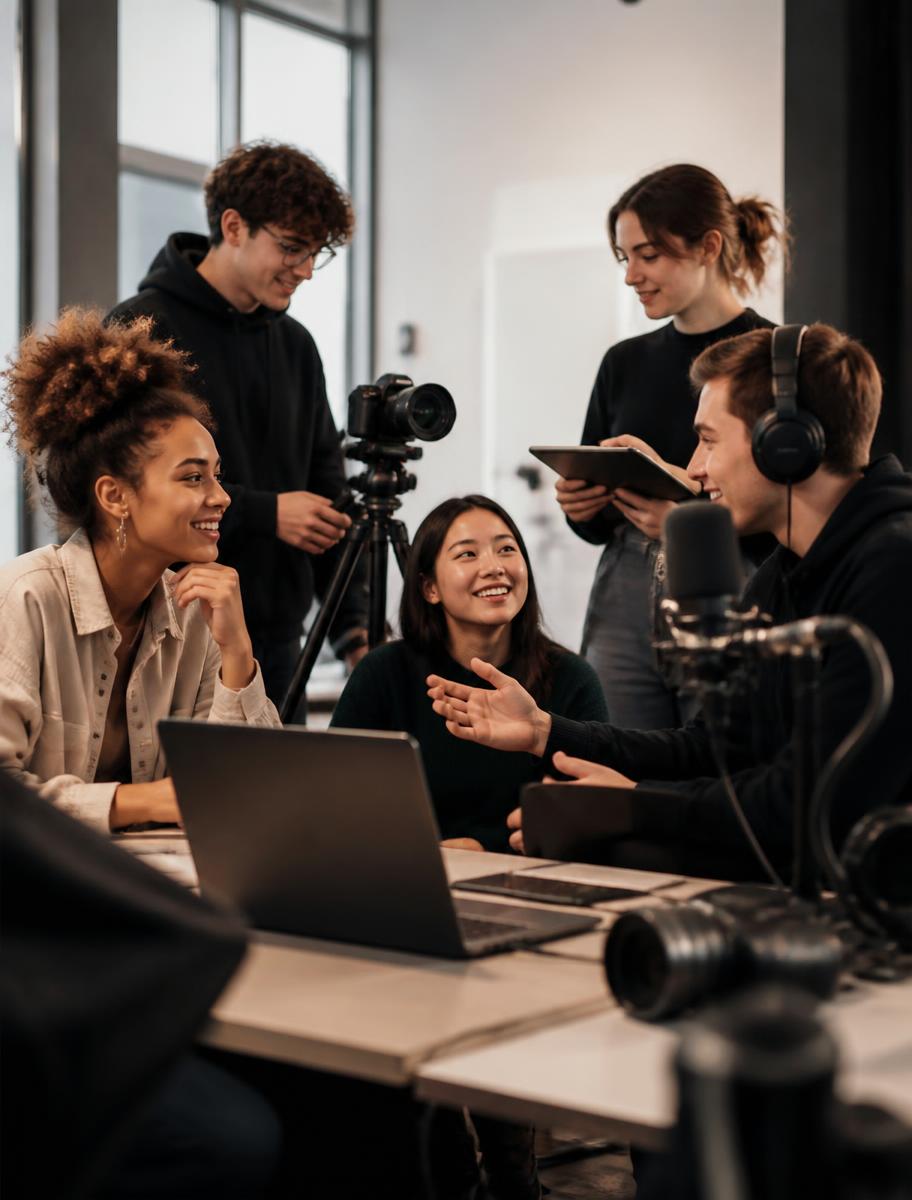 Communication students working together in a university media studio