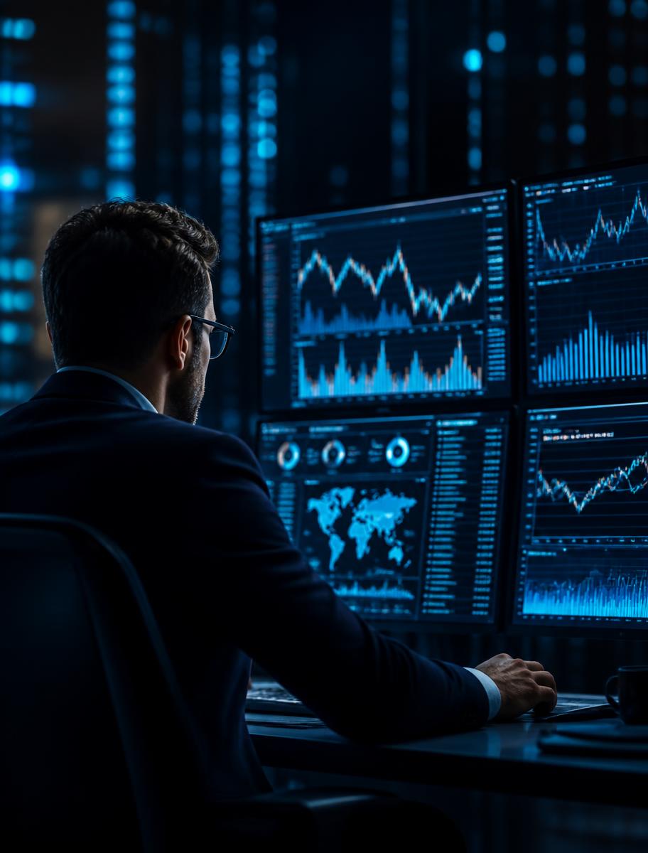 Financial analyst reviewing market data dashboards