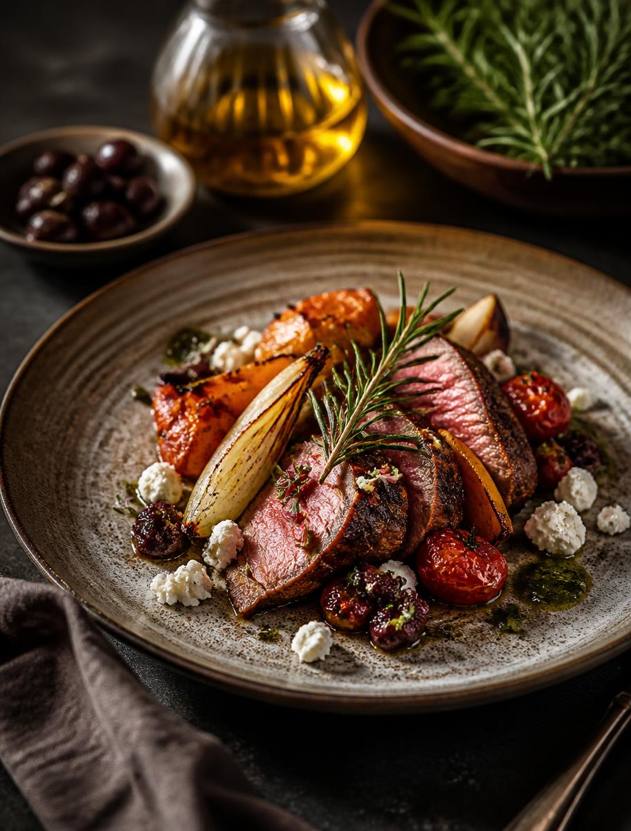 Gourmet dish with rosemary and seasonal ingredients